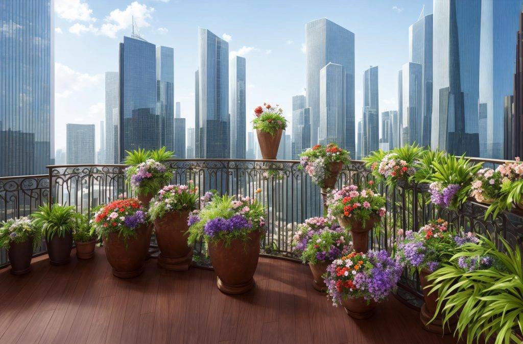 A balcony of high-rise condo filled with flower plants on the floored pots and some are hanging on the balcony rail. These are surrounded by the view of skyscrapers in a contrast way. 