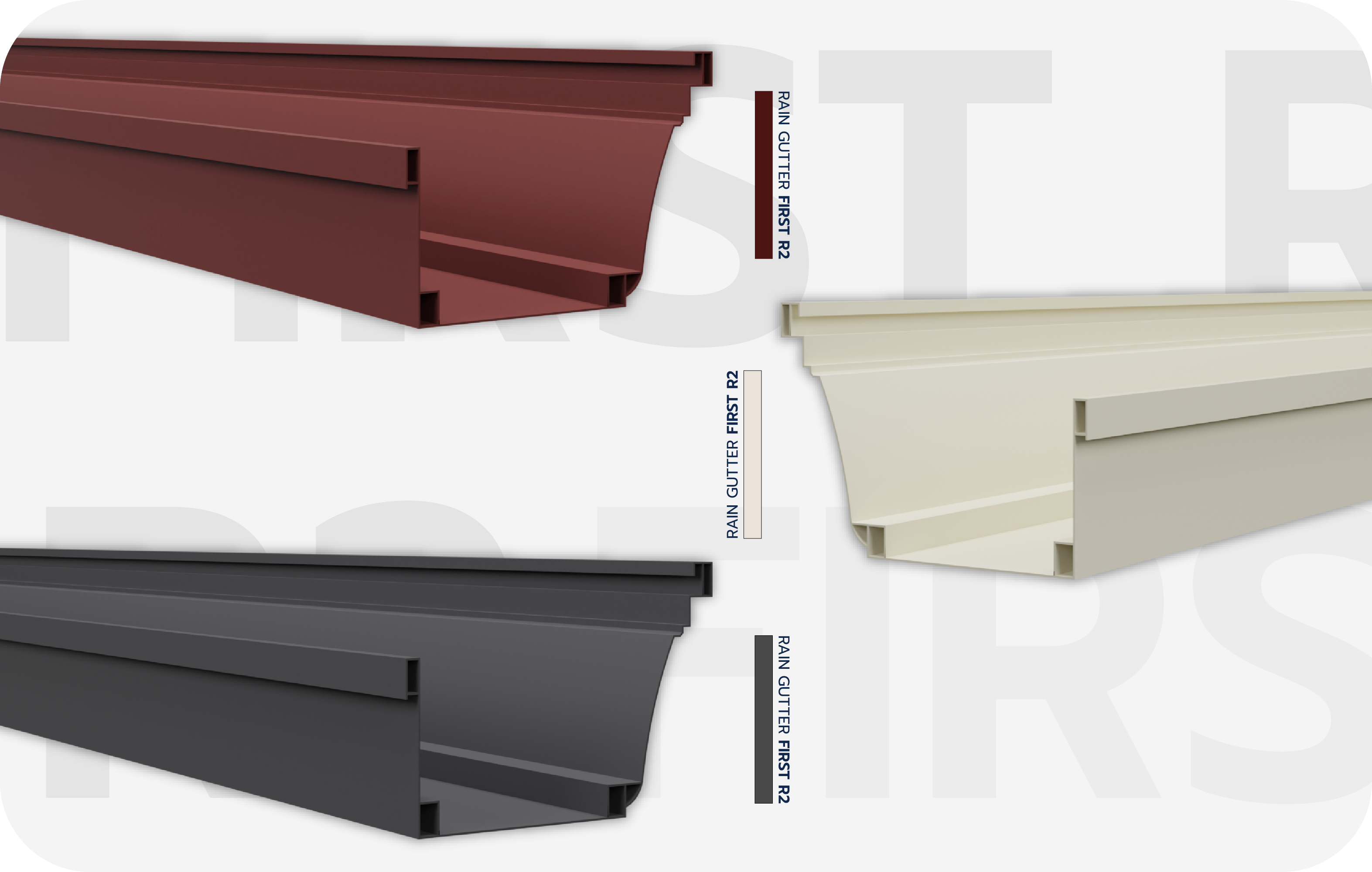 <p>รางน้ำฝนไวนิล VG รุ่น First R2 ดีไซน์ลูกเล่นสุดคลาสสิก ช่วยเพิ่มมิติให้บ้านน่ามอง มาพร้อมระบบตะขอรับรางและแขวนราง</p>